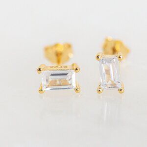 Simple Stud Baguette Cubic Zirconia Stud Earrings Gold Rectangular Minimal Studs